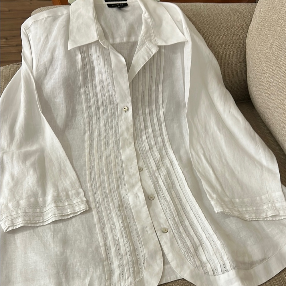 Fox Croft Size 18W 3/4 sleeve White linen Button-Up Blouse - Picture 2 of 10